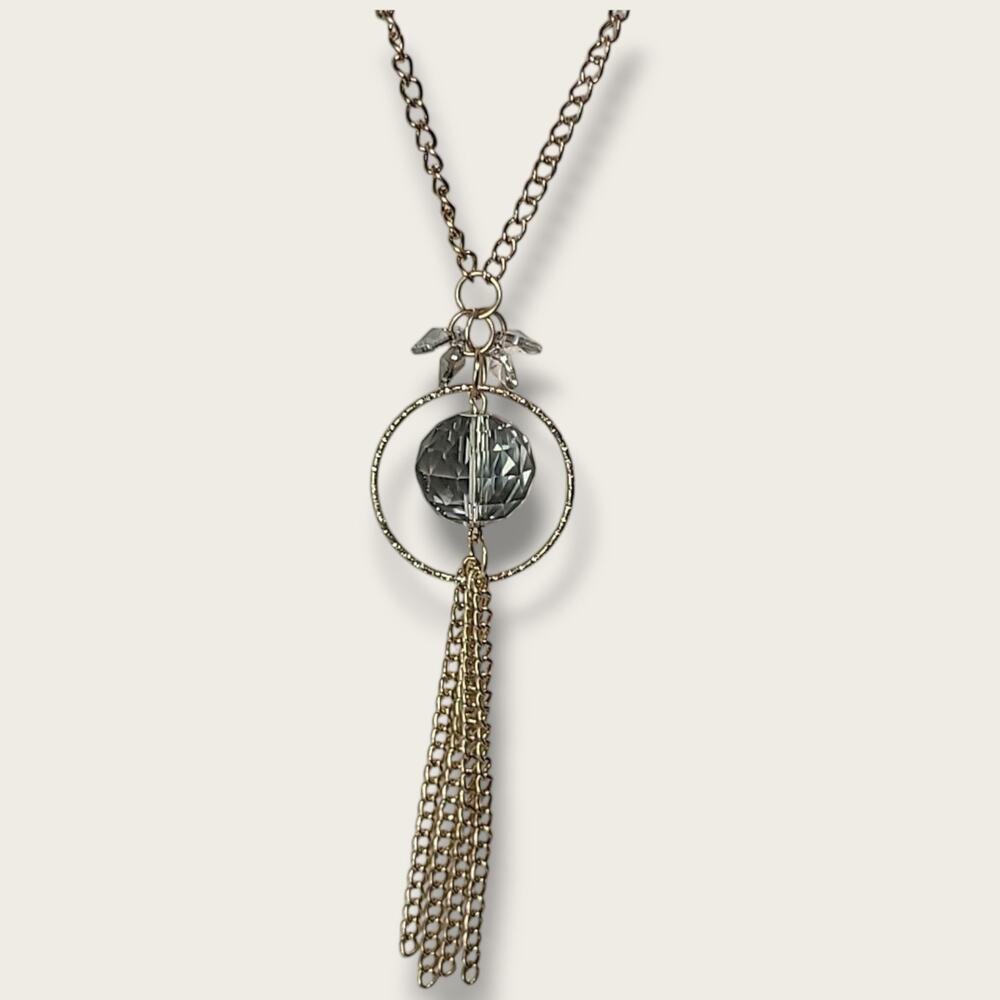Vintage Gold Tone Crystal Glass Tassel Pendant Necklace 24"‎ - Picture 2 of 5